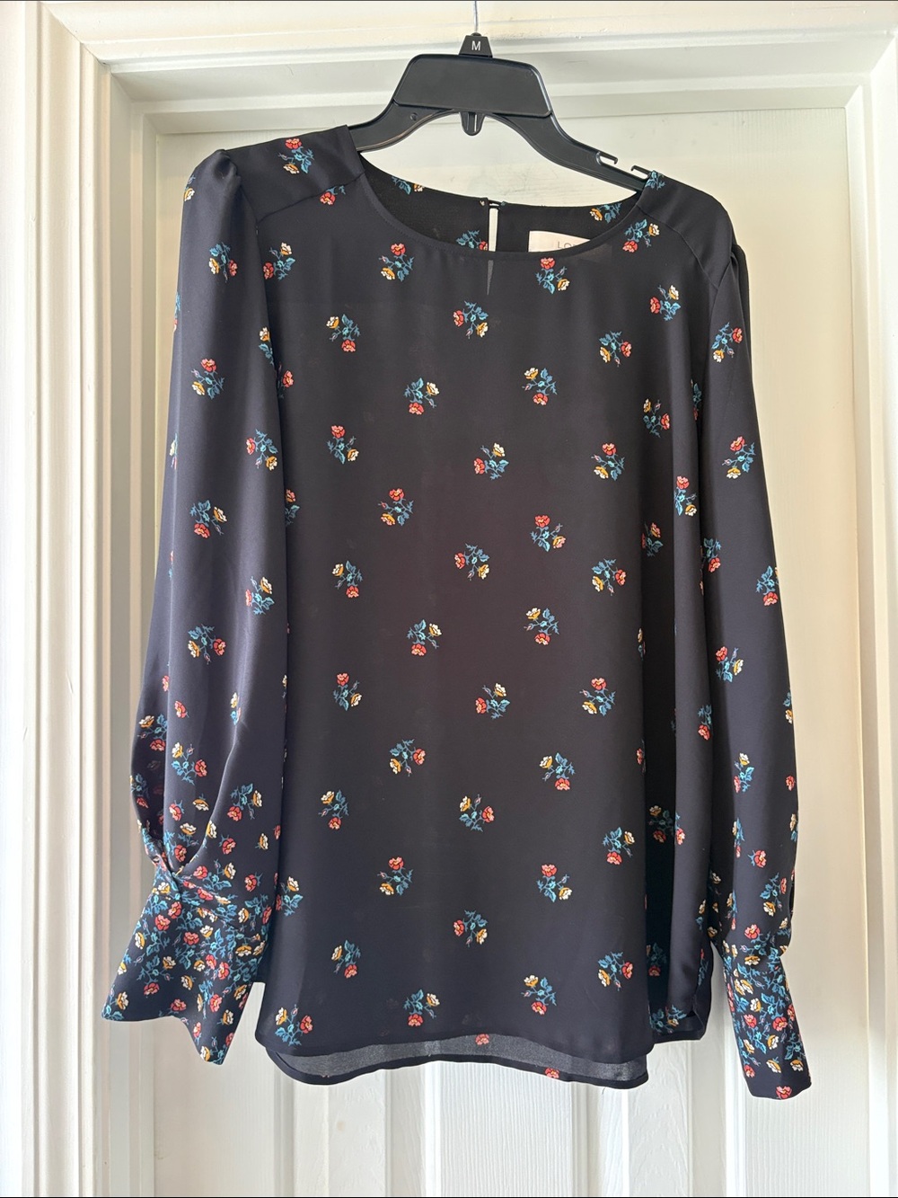 Loft Black Floral Large Long-Sleeve Blouse